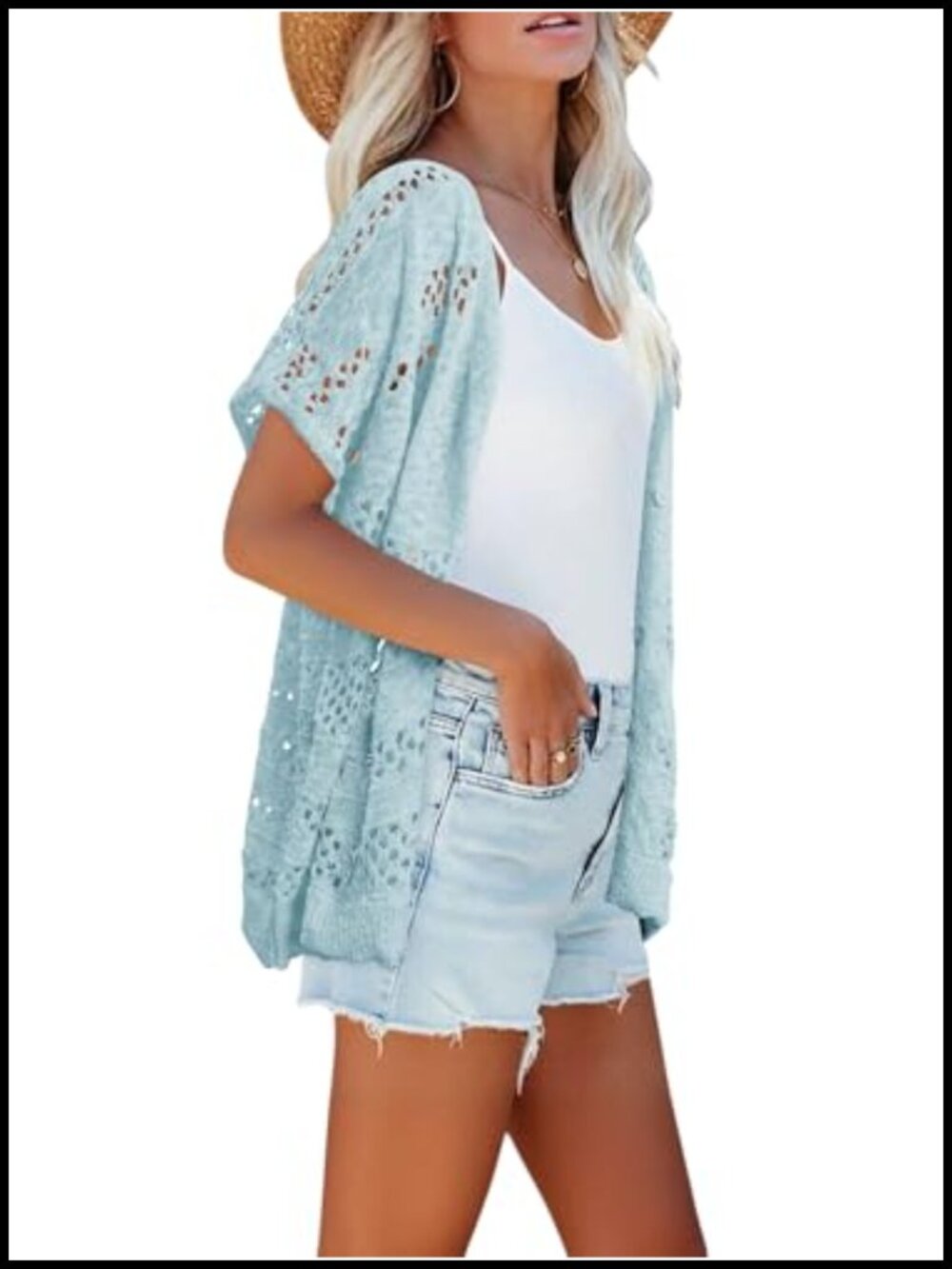 Women Crochet Cardigan Short Sleeve Knit Open Front Sweater V-Neck - Picture 4 of 6